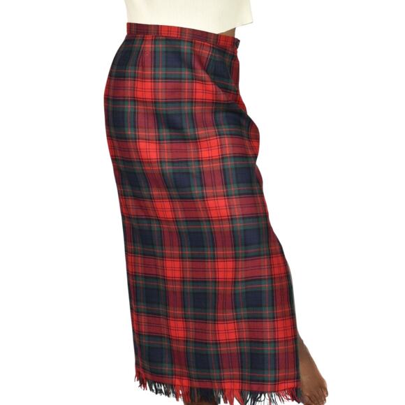 Vintage Rafaella Sport Tartan Maxi Skirt Red Plaid Check Fringe Slit Wool Long 8 - Picture 1 of 13